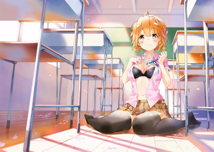 1girl 3: black_bra black_thighhighs blush bow bowtie bra braid breasts brown_eyes brown_hair classroom cleavage desk female_focus flower hair_flower hair_ornament hairclip hand_on_own_chest highres koiwai_yoshino masamune-kun_no_revenge medium_breasts navel open_clothes open_shirt petals plaid_clothes plaid_skirt pleated_skirt school_desk school_uniform see-through_clothes shirt short_hair side_braid sitting skirt solo tears thighhighs tiv underwear wariza wavy_mouth