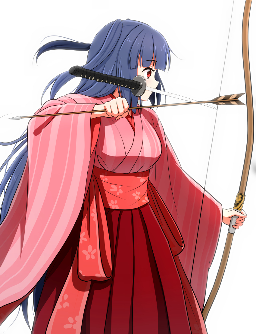 1girl absurdres archery arrow_(projectile) bow_(weapon) from_side highres holding holding_arrow holding_bow_(weapon) holding_weapon ichima_(pixiv_29147205) japanese_clothes kakuriyo_no_mon katana kimono long_hair mouth_hold obi profile purple_hair red_eyes red_kimono red_sash sash solo sword weapon white_background