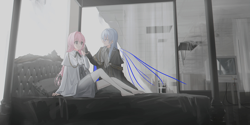 2girls black_bow black_gloves black_jacket black_necktie blue_eyes blue_wings bow braid chihuri collared_shirt crt crying crying_with_eyes_open day earrings ende_(chihuri) eye_contact gloves grey_hair grey_shirt grey_skirt grey_vest hair_between_eyes hair_intakes highres indoors jacket jewelry long_hair long_sleeves looking_at_another multiple_girls nea_(chihuri) necktie no_shoes on_bed open_clothes open_jacket original pantyhose pillow pink_hair purple_eyes shirt skirt stud_earrings tears television very_long_hair vest white_pantyhose white_shirt window wings