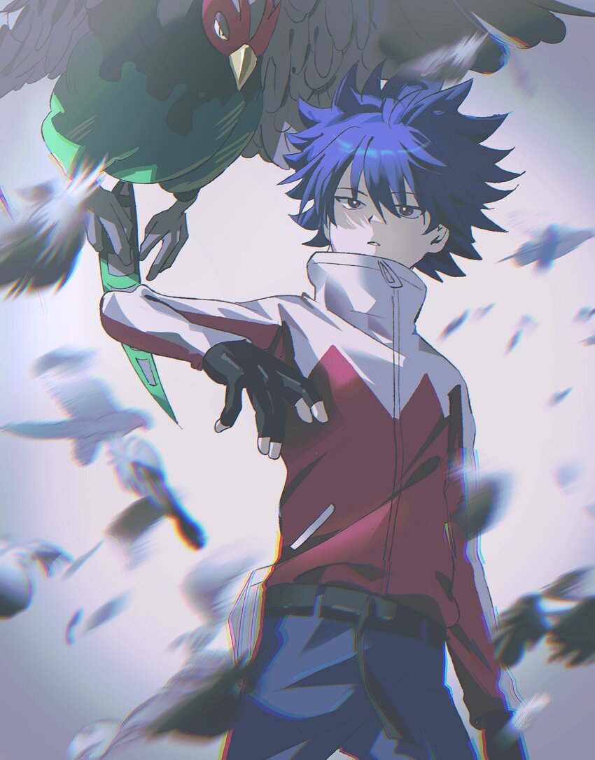 1boy blue_hair brown_eyes closed_mouth feathers fingerless_gloves gen_5_pokemon gloves highres hugh_(pokemon) jacket kkodle2 nintendo pants pokemon pokemon_(creature) pokemon_bw2 red_jacket short_hair spiked_hair unfezant unfezant_(male)