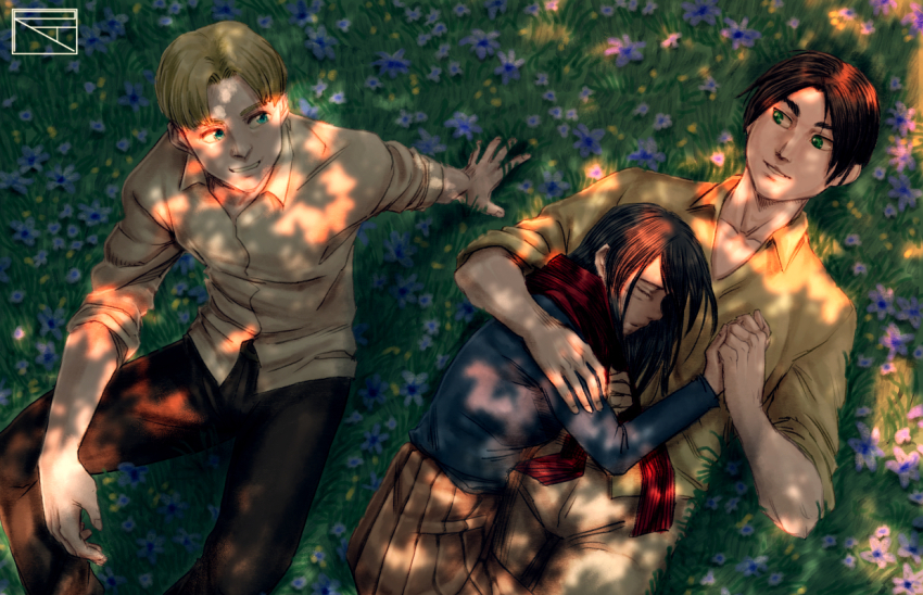 arm_around_shoulder arm_on_knee arm_support armin_arlert black_hair blonde_hair brown_hair eren_yeager flower holding_hands looking_at_another lying lying_on_another mikasa_ackerman on_back on_side reverse_tension shingeki_no_kyojin sitting sleeping tree_shade