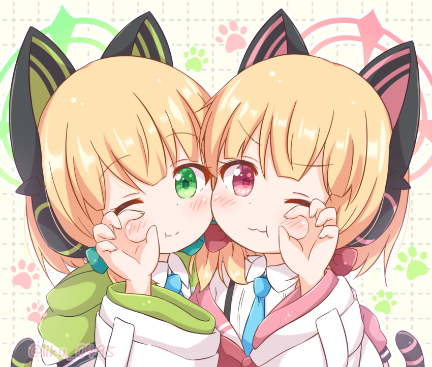 2girls :t animal_ear_headphones animal_ears araki495 blonde_hair blue_archive blue_bow blue_necktie blush bow brown_background closed_mouth collared_shirt commentary dotted_line fake_animal_ears green_eyes grid_background hair_bow halo hand_up headphones hood hood_down hooded_jacket jacket looking_at_viewer midori_(blue_archive) momoi_(blue_archive) multiple_girls necktie paw_print paw_print_background pink_eyes red_bow shirt siblings sisters tail twins upper_body wavy_mouth white_jacket white_shirt