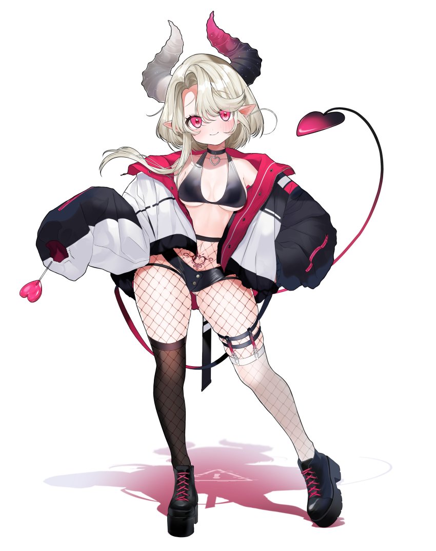 1girl absurdres asymmetrical_horns asymmetrical_legwear bikini bikini_top_only black_choker black_pantyhose black_shoes black_shorts breasts candy choker closed_mouth coat commentary cross-laced_footwear demon_girl demon_horns demon_tail fishnet_pantyhose fishnets food full_body garter_straps hand_on_own_hip heart heart-shaped_food heart-shaped_lollipop heart_choker highres holding holding_food horns lollipop long_sleeves looking_at_viewer medium_breasts medium_hair micro_shorts mismatched_horns mismatched_legwear original oversized_clothes pantyhose pantyhose_under_shorts pink_eyes pointy_ears pomu_(pomu_me) pubic_tattoo shadow shaped_lollipop shoes shorts silver_hair simple_background skindentation sleeves_past_fingers sleeves_past_wrists smile solo swept_bangs swimsuit tail tattoo white_background white_coat white_pantyhose zipper
