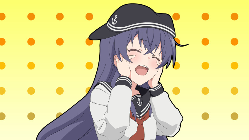 1girl ^_^ akatsuki_(kancolle) assault_lily blush closed_eyes closed_eyes hands_on_own_cheeks hands_on_own_face highres kantai_collection long_hair neckerchief open_mouth polka_dot polka_dot_background purple_hair scene_reference school_uniform serafuku sideways_hat smile solo sugapi upper_body