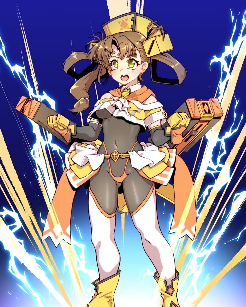 1girl absurdres ankle_boots awane_kokoro black_bodysuit blush bodystocking bodysuit boots breasts brown_hair clenched_hands covered_navel dual_wielding electricity full_body gloves green_eyes hair_ornament highres holding long_hair magia_record:_mahou_shoujo_madoka_magica_gaiden magical_girl mahou_shoujo_madoka_magica medium_breasts mengnaidu open_mouth skin_tight skirt smile solo standing teeth thighhighs upper_teeth_only weapon yellow_gloves