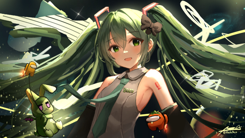 1girl :d among_us aqua_necktie artist_name bare_shoulders black_bow black_sleeves blush bow breasts collared_shirt commentary crewmate_(among_us) detached_sleeves english_commentary green_eyes green_hair grey_shirt hair_bow hatsune_miku highres instagram_username jetpack long_hair looking_at_viewer necktie open_mouth red_(among_us) redcxca shirt sideboob signature sleeveless sleeveless_shirt smile solo split_mouth twintails twitter_username upper_body very_long_hair vocaloid yellow_(among_us)
