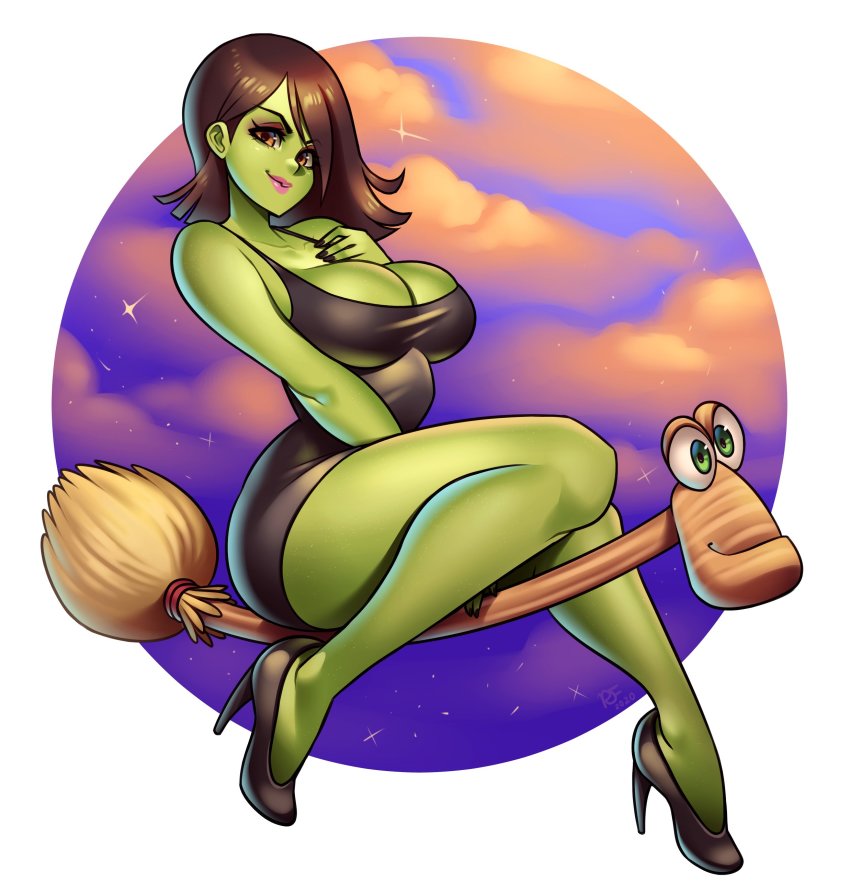 1girl absurdres alternate_form banjo-kazooie between_legs black_dress black_footwear black_hair black_nails breasts broom broom_riding cleavage cloud cloudy_sky colored_skin dress evil_smile flying green_skin gruntilda&#039;s_broomstick gruntilda_winkybunion hand_between_legs hand_on_own_chest high_heels highres large_breasts lips nail_polish orange_eyes pink_lips ravenousruss short_hair sky smile smug thighs witch