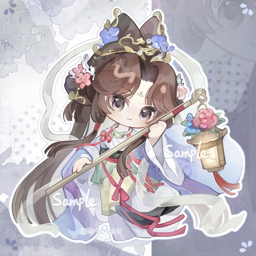 1girl absurdres black_eyes brown_hair chibi chinese_clothes facial_mark flower forehead_mark full_body grey_background hagoromo hair_bun hair_flower hair_ornament hanfu highres holding holding_lantern huadian jewelry jiu_niangzi jiu_niangzi_(blossom_spring_fairy) lantern long_hair long_skirt looking_at_viewer necklace official_alternate_costume parted_bangs pink_flower purple_flower purple_hanfu reverse:1999 sample_watermark shawl sishi_malus skirt smile solo very_long_hair watermark white_shawl white_skirt wide_sleeves zoom_layer