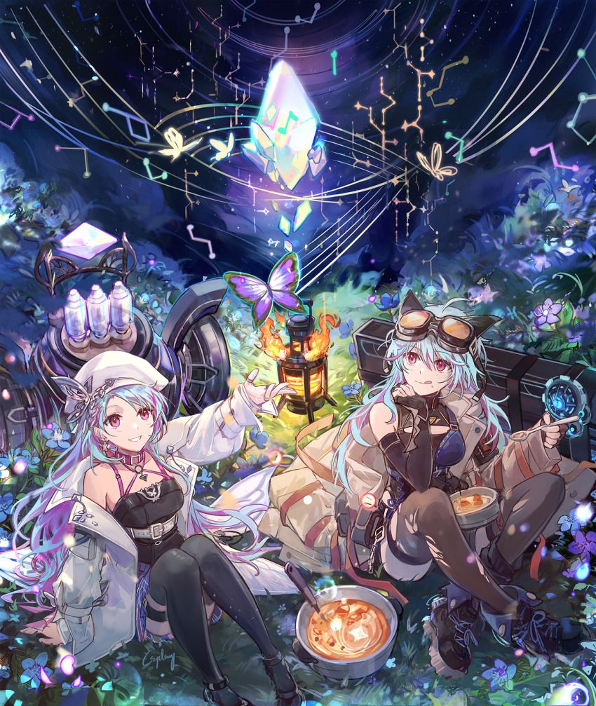 2girls :p ahoge archer_(dungeon_&amp;_fighter) archer_(dungeon_and_fighter) bare_shoulders belt belt_collar blue_hair breasts bug butterfly collar constellation crystal csyday dungeon_and_fighter eyewear_on_head fire flower food grin hat highres holding holding_spoon insect jacket jewelry medium_breasts multicolored_hair multiple_girls muse_(dungeon_and_fighter) musical_note on_grass pink_eyes ring shoes smile sneakers soup soup_ladle spoon streaked_hair thighhighs tongue tongue_out torn_clothes torn_thighhighs traveler_(dungeon_and_fighter) vacuum_tube white_jacket