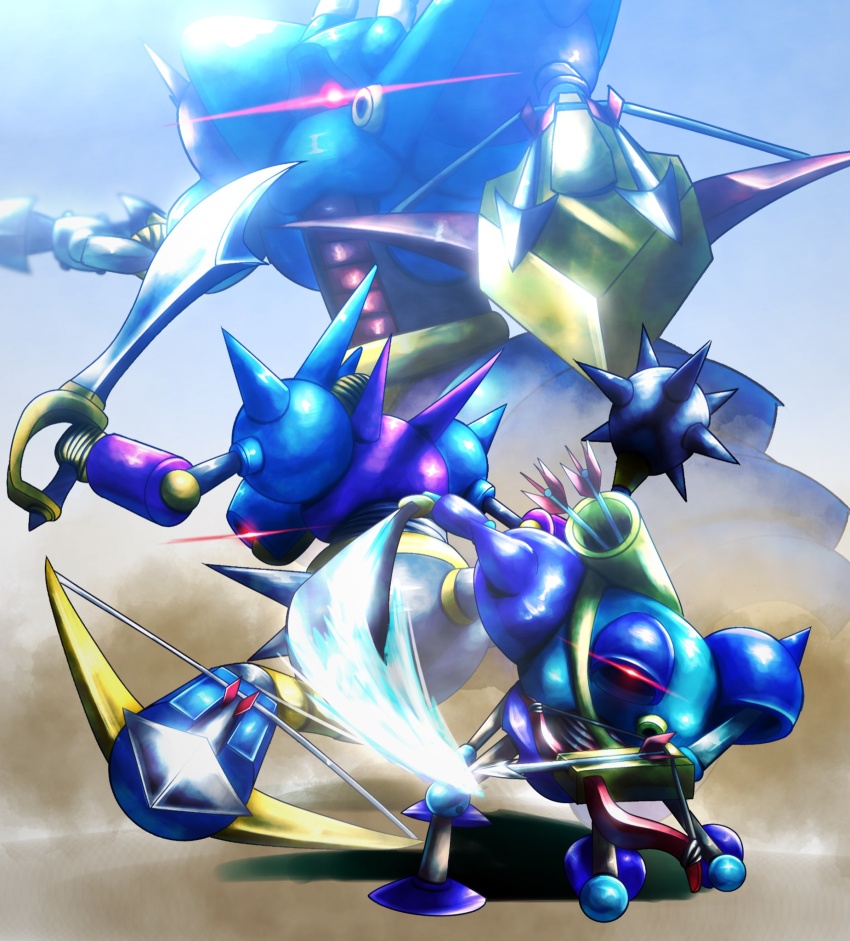 3others a10thunderboit aiming aiming_at_viewer arrow_(projectile) back-to-back bow_(weapon) commentary_request creature creature_focus creature_request crossbow dragon_quest glowing glowing_eye highres holding holding_mace holding_sword holding_weapon incoming_attack killer_machine killer_machine_2_(dragon_quest) looking_at_viewer looking_back mace multiple_others non-humanoid_robot quiver red_eyes robot spiked_mace spikes sword weapon