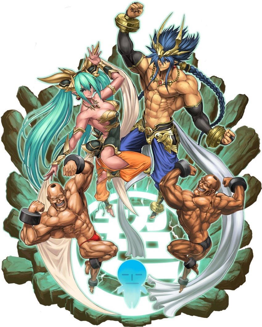 1girl 3boys adon_(cho_aniki) benten_(cho_aniki) biceps blue_hair bracelet cho_aniki cho_aniki_zero earrings fabulous green_hair highres idaten jewelry manly multiple_boys muscular necklace official_art ornament pointy_ears samson uminin