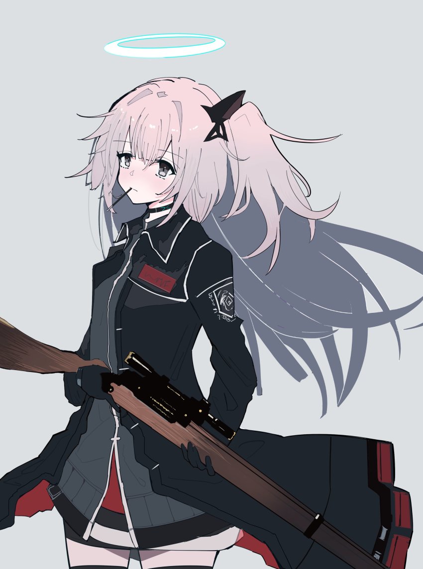 1girl absurdres ambriel_(arknights) arknights black_thighhighs blush bolt_action choker coat food food_in_mouth gloves grey_background grey_eyes gun halo highres holding holding_gun holding_weapon infection_monitor_(arknights) kisaragimion lee-enfield long_hair open_clothes open_coat pink_hair pocky rifle side_ponytail simple_background solo thighhighs weapon