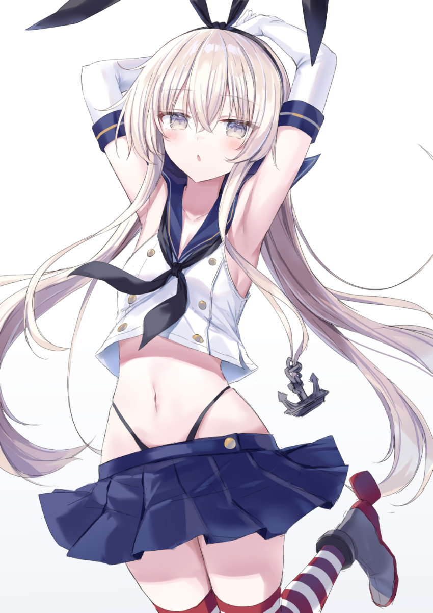 1girl :o anchor_hair_ornament animal_ear_hairband animal_ears armpits arms_up black_hairband black_neckerchief black_panties blonde_hair blue_sailor_collar blue_skirt blush commentary crop_top cropped_shirt crossed_arms elbow_gloves fake_animal_ears foot_out_of_frame gloves grey_hair grey_shoes hair_between_eyes hair_ornament hairband highleg highleg_panties highres kantai_collection long_hair long_sidelocks looking_at_viewer midriff navel neckerchief panties pleated_skirt rabbit_ear_hairband rabbit_ears red_thighhighs sailor_collar shikuro_(iorimiyakiyo) shimakaze_(kancolle) shirt shoes sidelocks simple_background skirt sleeveless sleeveless_shirt solo striped_clothes striped_thighhighs thighhighs underwear very_long_hair white_background white_gloves white_thighhighs wind wind_lift