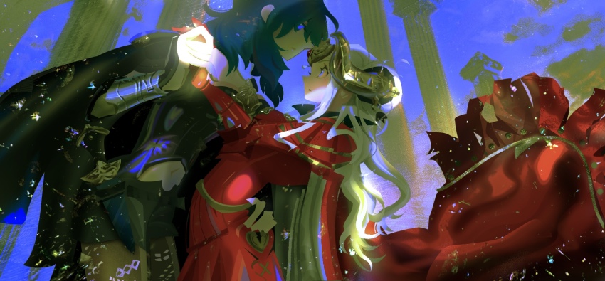2girls arm_up black_jacket black_pantyhose black_shorts blue_eyes blue_sky breast_press breasts female_byleth_(fire_emblem) cape closed_mouth cloud cloudy_sky collared_cape commentary_request couple crop_top ct21k dancing double_bun dress edelgard_von_hresvelg edelgard_von_hresvelg_(timeskip) fake_horns fire_emblem fire_emblem:_three_houses from_side gloves glowing glowing_eyes green_hair hair_between_eyes hair_bun hair_up hand_on_another&#039;s_ass hand_up headpiece high_collar highres holding holding_hands horns jacket jacket_on_shoulders jewelry large_breasts leaning_back leaning_forward long_dress long_hair long_sleeves looking_at_another looking_down looking_up multicolored_background multiple_girls nintendo open_clothes open_jacket outdoors pantyhose parted_lips pendant purple_eyes red_cape red_dress red_gloves short_shorts shorts sky standing wavy_hair white_hair wide-eyed yuri
