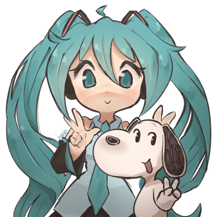 1girl absurdres aqua_eyes aqua_hair aqua_necktie beagle black_skirt black_sleeves chibi closed_mouth collared_shirt commentary crossover detached_sleeves dog double_v english_commentary grey_shirt hanabi404 hatsune_miku headset highres long_hair looking_at_viewer necktie open_mouth peanuts_(comic) shirt signature simple_background skirt sleeveless sleeveless_shirt smile snoopy tareme twintails v very_long_hair vocaloid white_background