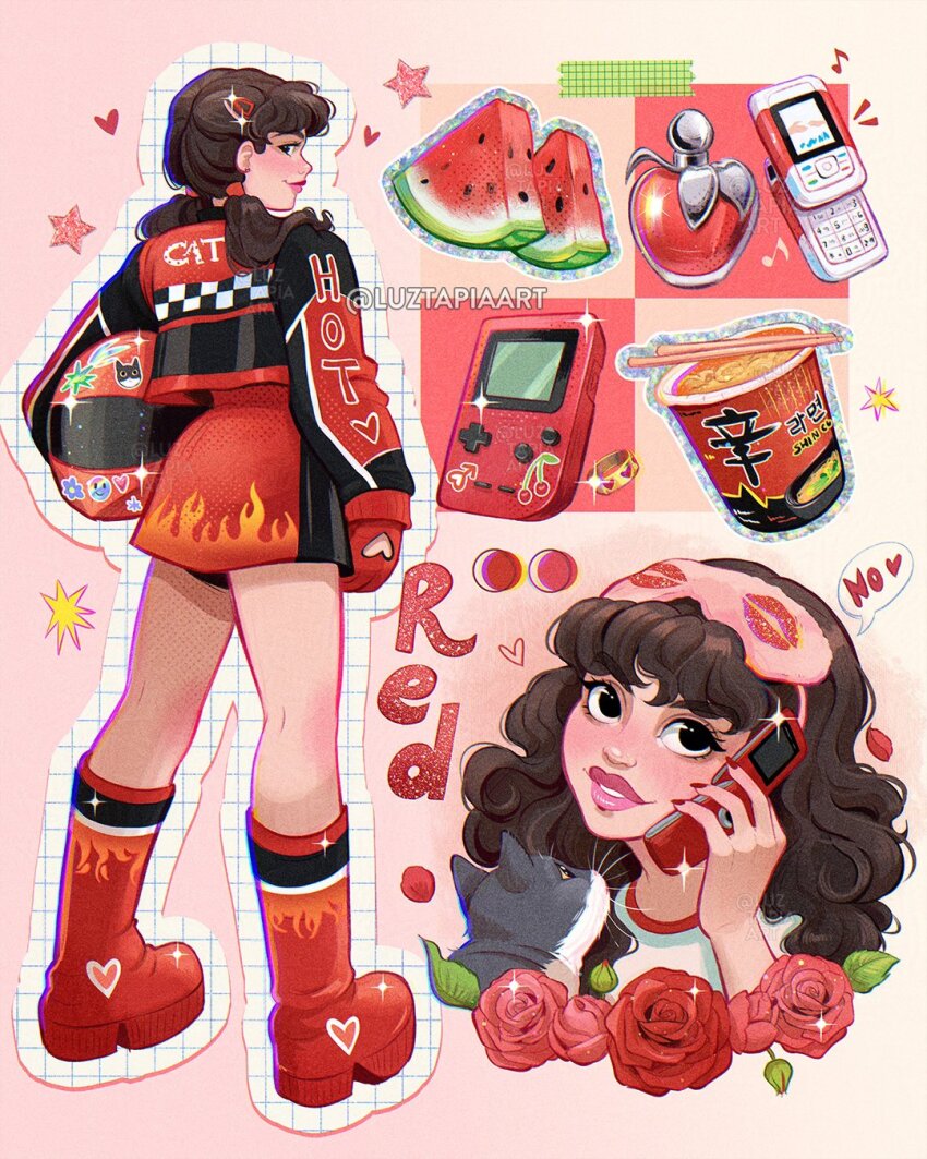1girl artist_name black_jacket boots brown_hair cellphone chopsticks clothing_cutout cup_ramen flip_phone flower food fruit game_boy glove_cutout gloves handheld_game_console heart_cutout helmet highres holding holding_helmet holding_phone jacket long_hair luztapiaart motorcycle_helmet multicolored_jacket multiple_views nokia_(company) original phone red_boots red_flower red_gloves red_jacket red_rose red_skirt rose skirt two-tone_jacket unworn_headwear unworn_helmet watermark watermelon watermelon_slice