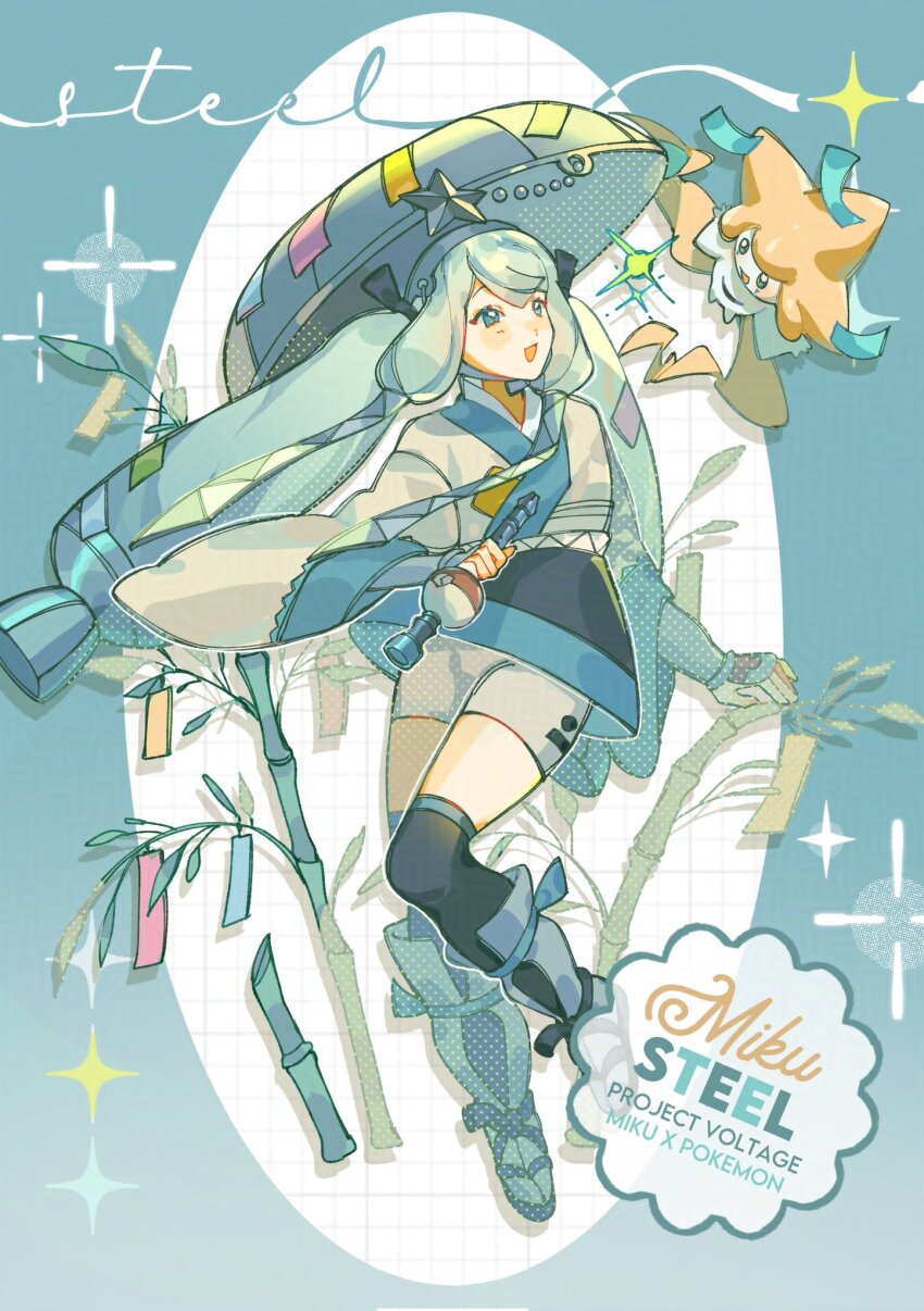 1girl :d black_socks blue_background blue_eyes blue_footwear blue_hair flute full_body gen_3_pokemon grey_shorts hatsune_miku highres instrument japanese_clothes jirachi kimono legendary_pokemon long_hair looking_at_another mythical_pokemon myun_(myun_art) nintendo open_mouth pokemon pokemon_(creature) project_voltage sandogasa shorts simple_background smile socks star_(symbol) steel_miku_(project_voltage) tanzaku twintails vocaloid