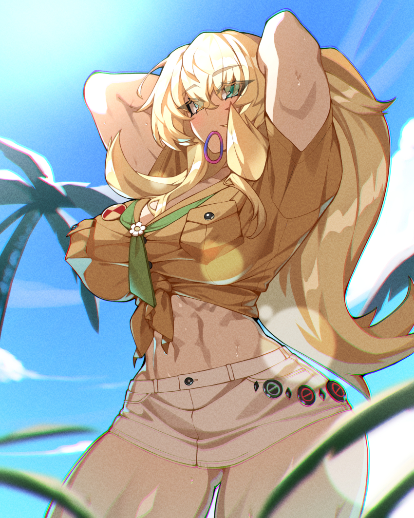 1girl abs absurdres arms_behind_head arms_up barghest_(fate) barghest_(swimsuit_archer)_(fate) barghest_(swimsuit_archer)_(first_ascension)_(fate) biceps blonde_hair blue_sky blush breasts cleavage fate/grand_order fate_(series) green_eyes grey_skirt high_ponytail highres hyperbudd large_breasts long_hair looking_at_viewer midriff miniskirt mouth_hold muscular muscular_female navel neckerchief palm_tree pencil_skirt ponytail shirt short_sleeves sidelocks skirt sky solo thick_thighs thighs tied_shirt tree yellow_shirt