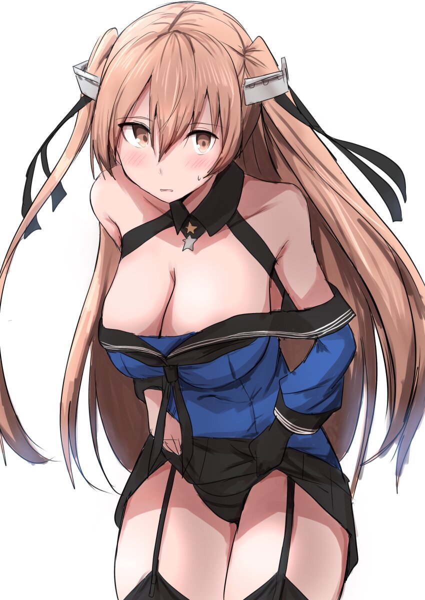 1girl absurdres black_gloves black_neckerchief black_panties black_ribbon black_sailor_collar black_thighhighs blue_shirt breasts brown_eyes cleavage clothes_lift garter_straps gloves hair_ribbon headgear highres johnston_(kancolle) kamaboko_senshi kantai_collection large_breasts lifting_own_clothes light_brown_hair long_hair long_sleeves neckerchief panties ribbon sailor_collar school_uniform serafuku shirt simple_background single_glove skirt skirt_lift solo thighhighs two_side_up underwear white_background