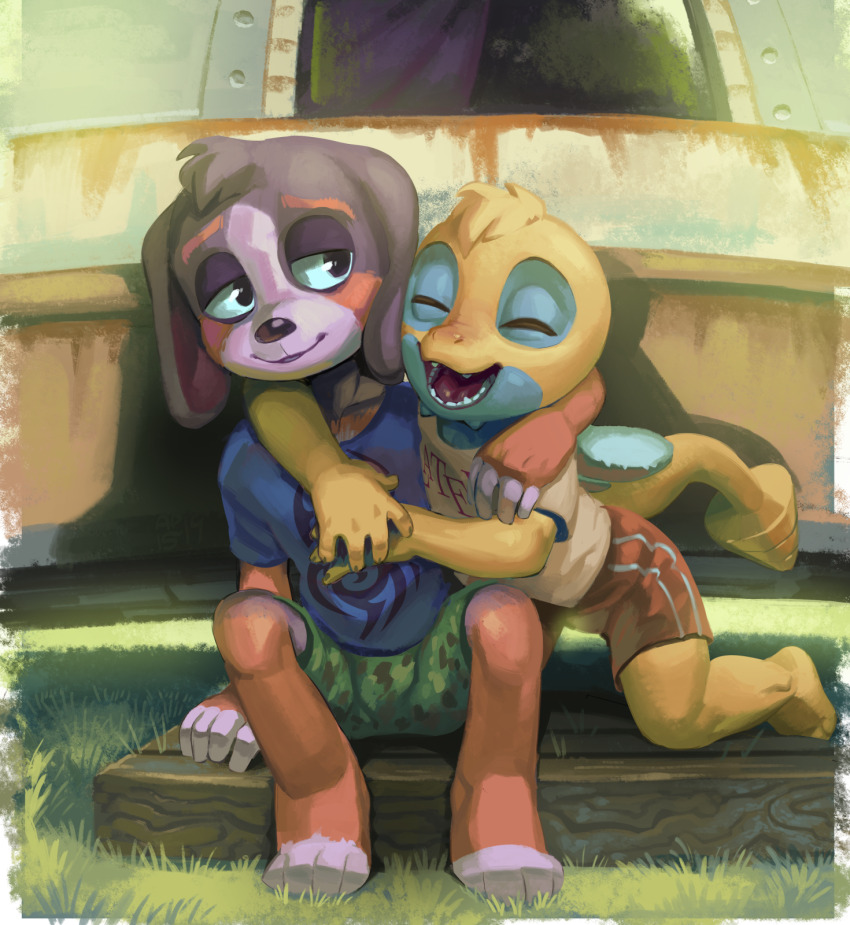 2boys apis blonde_hair child dog_boy dunsparce fangs furry gen_2_pokemon highres hug male_focus monster_boy multiple_boys nintendo pokemon pokemon_(creature) shirt shorts tail
