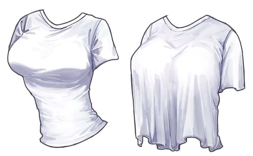 2girls breasts highres hiratsuki0523 large_breasts multiple_girls original shirt shirt_overhang short_sleeves skin_tight torso white_background white_shirt