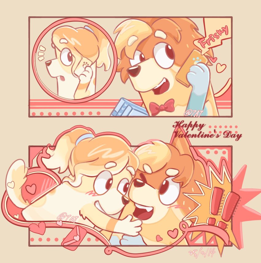 ! !! absurdres baowenbei0715 blonde_hair bluey bow bowtie box dated frisky_heeler gift gift_box happy_valentine heart highres hug radley_heeler red_bow red_bowtie signature