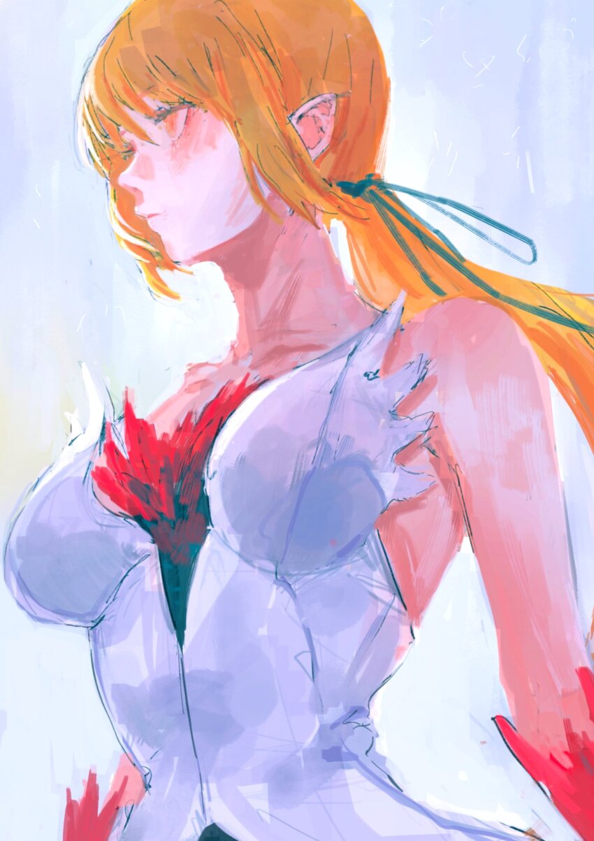 1girl bare_shoulders blonde_hair closed_mouth dress expressionless grey_background hair_ribbon highres kiss-shot_acerola-orion_heart-under-blade long_hair looking_ahead low_ponytail monogatari_(series) oshino_shinobu pointy_ears ponytail ribbon solo strapless strapless_dress taki_(a313131333) upper_body white_dress yellow_eyes