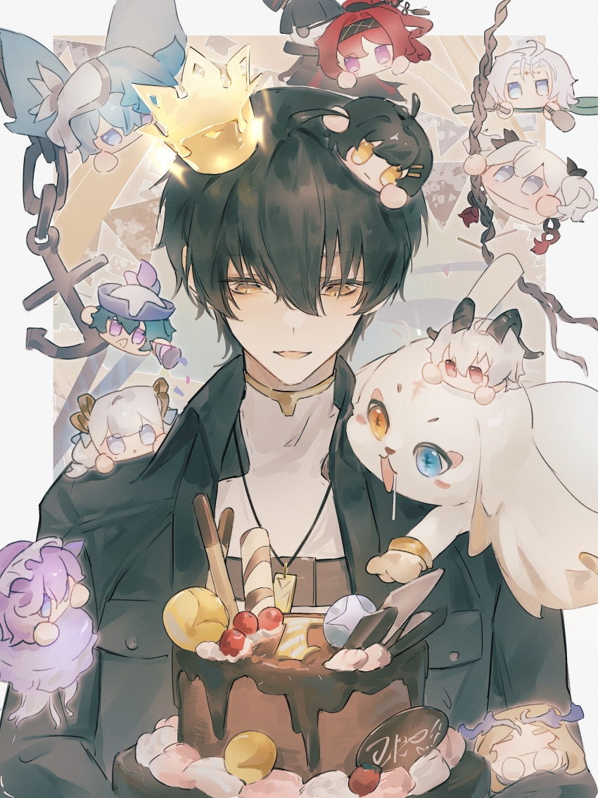 1boy abby_(wuthering_waves) absurdres black_hair black_jacket brant_(wuthering_waves) cake calcharo_(wuthering_waves) camellya_(wuthering_waves) cantarella_(wuthering_waves) cartethyia_(wuthering_waves) chinese_commentary collared_jacket commentary_request crown female_rover_(wuthering_waves) food grey_shirt hair_between_eyes highres holding holding_cake holding_food honseie jacket jinhsi_(wuthering_waves) looking_at_food male_focus male_rover_(wuthering_waves) objectification open_clothes open_jacket parted_lips rover_(wuthering_waves) shirt shorekeeper_(wuthering_waves) smile solo tacet_mark_(wuthering_waves) wuthering_waves yellow_eyes yinlin_(wuthering_waves) zani_(wuthering_waves) zapstring_(wuthering_waves)