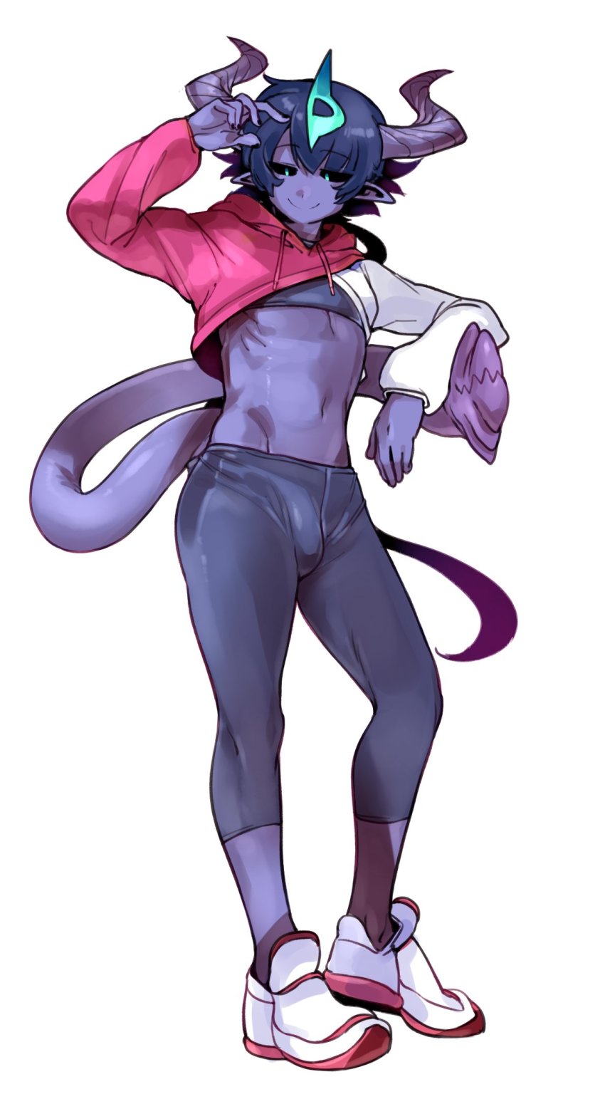 1boy arm_up black_sclera bulge colored_sclera colored_skin cropped_hoodie demon_boy demon_horns demon_tail docu_(doppel) doppel_(bonnypir) edie_crop_hoodie fila full_body highres hood hood_down hoodie horns looking_at_viewer male_focus meme_attire midriff navel original pants pink_hoodie pointy_ears purple_skin shoes short_hair simple_background smile sneakers solo stomach tail teeth trap white_background white_hoodie white_shoes