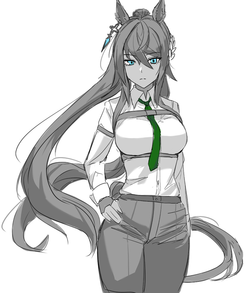 1girl akared alternate_costume alternate_hairstyle animal_ears arm_at_side armband blue_eyes breasts chest_harness closed_mouth collared_shirt dark-skinned_female dark_skin expressionless fingerless_gloves framed_breasts gloves green_necktie hair_between_eyes hair_ornament hand_on_own_hip harness highres horse_ears horse_girl jewelry large_breasts long_hair long_sleeves looking_at_viewer necktie pants partially_colored shirt simple_background sketch solo symboli_kris_s_(umamusume) twintails umamusume very_long_hair white_background wing_collar