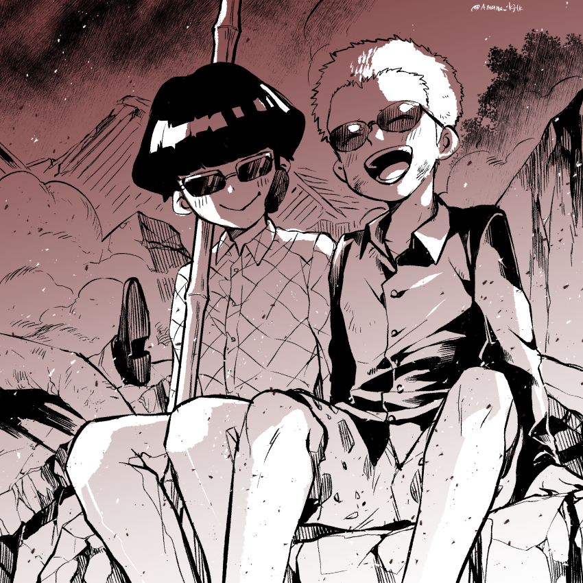 2boys :&gt; aged_down amane_(yukiango69) arm_support bamboo_staff blush bowl_cut buttons collarbone collared_shirt corpse donquixote_doflamingo happy highres holding holding_staff male_focus monochrome multiple_boys one_piece open_mouth outdoors pants rubble shirt short_hair shorts signature sitting staff sunglasses teeth vergo_(one_piece)