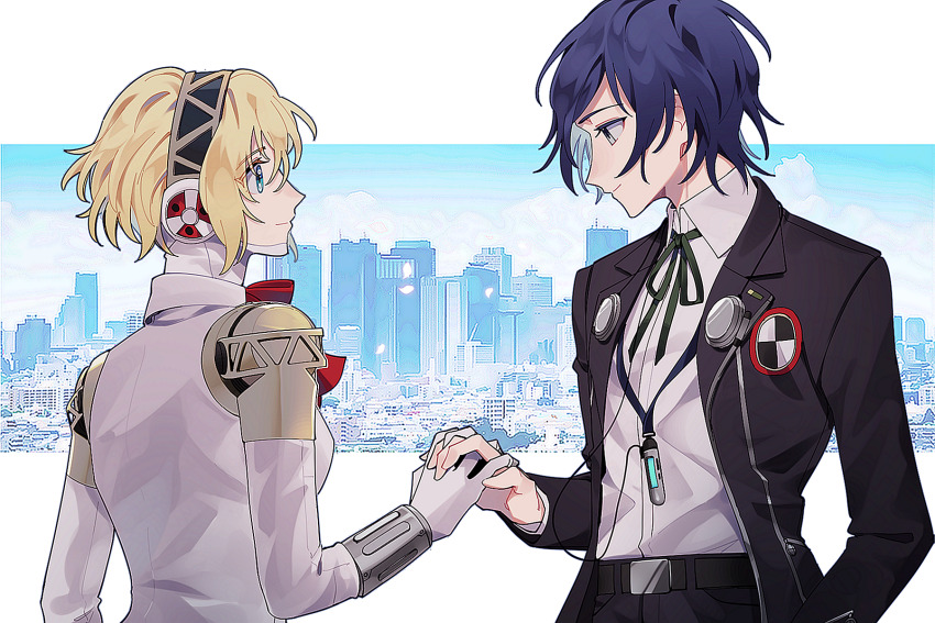 1boy 1girl aigis_(persona) android belt belt_buckle black_belt black_hairband black_jacket black_pants blonde_hair blue_eyes blue_hair bow bowtie buckle closed_mouth collared_shirt commentary_request detached_collar elulit2 gekkoukan_high_school_uniform hairband highres holding_hands interlocked_fingers jacket long_sleeves looking_at_another neck_ribbon open_clothes open_jacket pants persona persona_3 profile red_bow red_bowtie ribbon robot_ears school_uniform shirt short_hair smile white_shirt yuuki_makoto_(persona_3)