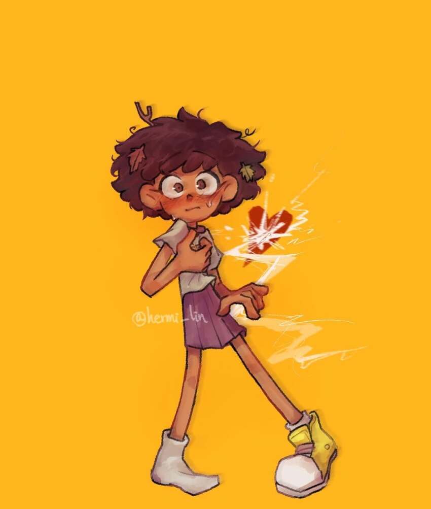 1girl amphibia anne_boonchuy blush brown_eyes brown_hair dark-skinned_female dark_skin full_body hand_on_own_chest heart hermi highres leaf leaf_on_head looking_at_viewer nervous pleated_skirt purple_skirt school_uniform shoes short_hair signature single_shoe sjms_school_uniform skirt socks solo sweat yellow_background