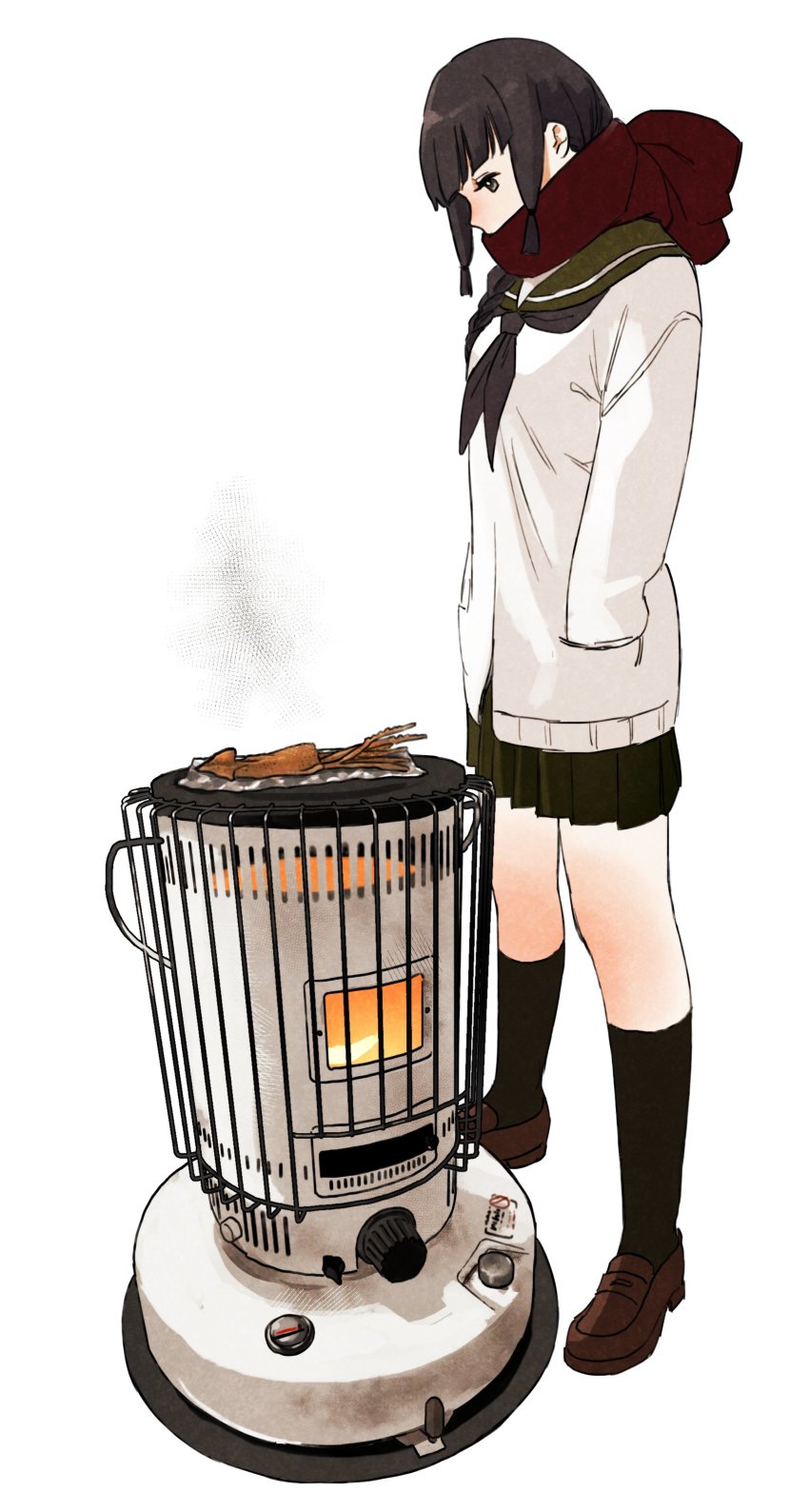 1girl absurdres beige_cardigan black_hair black_socks blunt_bangs braid cardigan commentary_request full_body green_sailor_collar green_skirt hair_over_shoulder hair_ribbon hands_in_pockets heater highres ikayaki kantai_collection kerosene_heater kitakami_(kancolle) kneehighs loafers long_hair pleated_skirt red_scarf ribbon sailor_collar scarf school_uniform serafuku shishanmo shoes sidelocks single_braid skirt socks solo squid stove tress_ribbon