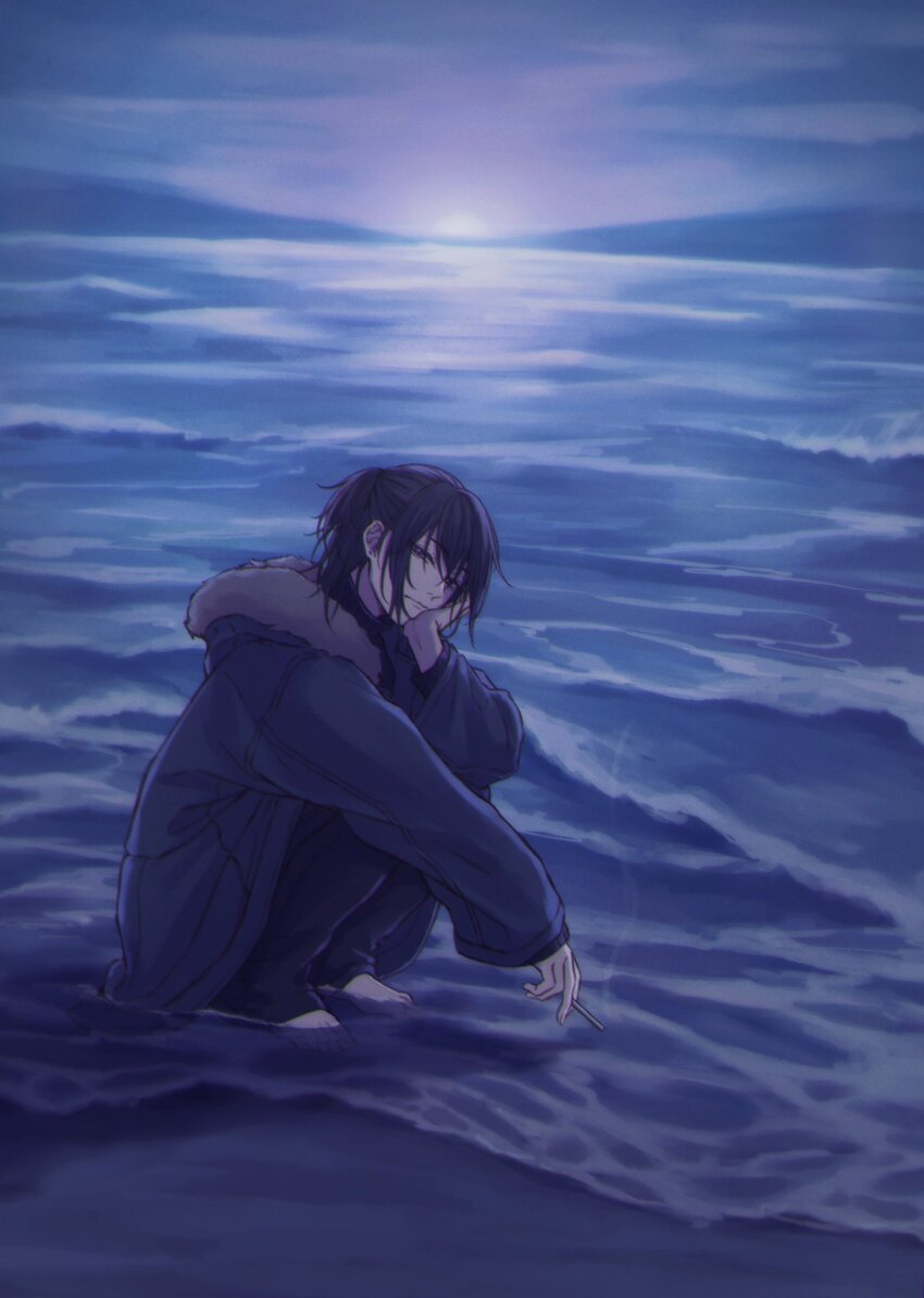 1boy barefoot black_hair black_pants blue_jacket cigarette closed_mouth commentary_request earrings from_side full_body full_moon fur-trimmed_hood fur_trim hair_between_eyes half_updo hand_on_own_face highres holding holding_cigarette hood hooded_jacket in_water jacket jewelry looking_at_viewer male_focus medium_hair moon moonlight mountainous_horizon moxamog ocean original outdoors pants ponytail purple_eyes smoke solo squatting stud_earrings toes
