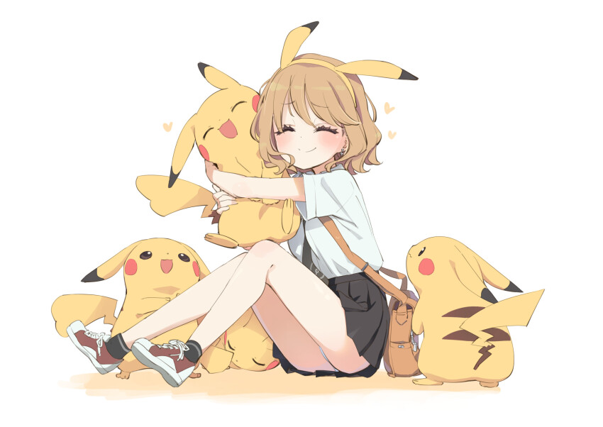 1girl ^_^ animal_ears ass bag black_skirt black_socks blue_panties blush brown_hair closed_eyes closed_mouth commentary_request copyright_request earrings facing_viewer full_body game_freak gen_1_pokemon hairband heart highres homura_subaru hug jewelry knees_up nintendo panties pikachu pikachu_ears pleated_skirt pokemon pokemon_(creature) red_footwear shirt shoes short_sleeves shoulder_bag simple_background sitting skirt socks stud_earrings underwear white_background white_shirt yellow_hairband