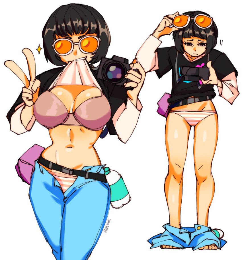3amsoda atlus barefoot belt_pouch biting biting_clothes black_hair black_shirt bob_cut bra breasts brown_eyes camera clothes_lift clothes_pull denim embarrassed flashing grin highres jeans large_breasts layered_sleeves long_sleeves looking_down navel ohya_ichiko panties pants pants_around_ankles pants_pull persona persona_5 pouch print_shirt shirt shirt_lift short_hair short_over_long_sleeves short_sleeves signature smile striped_clothes striped_panties sunglasses sunglasses_on_head thighs underwear v white_shirt