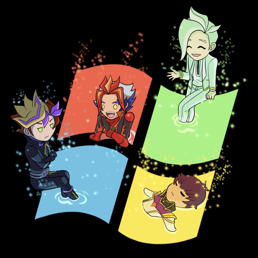 4boys alternate_form bandana black_background black_bodysuit black_footwear blonde_hair blue_hair bodysuit chibi closed_eyes colored_bangs crossed_arms crossed_legs colored_bangs elbow_gloves facing_another facing_to_the_side facing_viewer fujiki_yusaku gloves green_bodysuit green_eyes hand_on_ground hand_up highres homura_takeru invisible_chair jacket kusanagi_jin laughing looking_at_another lying male_focus military_uniform multiple_boys on_back open_mouth outstretched_arms pants parted_hair playmaker_(yu-gi-oh!) popped_collar purple_hair purple_trim red_bandana red_gloves red_hair shirt shoulder_pads sitting sleeping solid_circle_eyes solid_eyes soulburner sparkle spectre_(yu-gi-oh!) spiked_hair two-tone_background user_ynu2444 white_jacket white_pants white_shirt windows_logo yellow_eyes yellow_trim yu-gi-oh! yu-gi-oh!_vrains