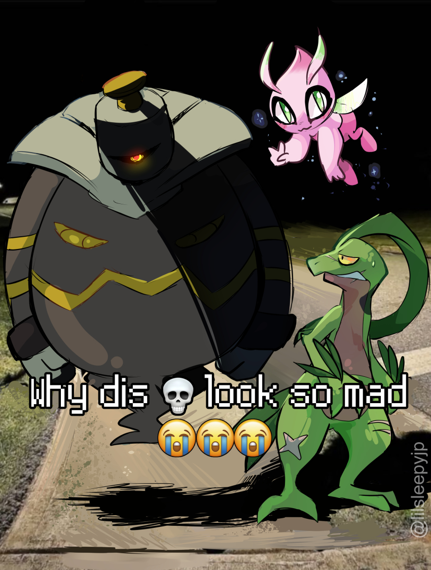 absurdres alternate_color antennae celebi colored_sclera colored_skin crying_emoji dusknoir emoji fairy_wings full_body gen_2_pokemon gen_3_pokemon gen_4_pokemon green_skin grovyle highres legendary_pokemon looking_at_another looking_at_viewer meme mystilux mythical_pokemon nintendo photo_background pokemon pokemon_(creature) pokemon_mystery_dungeon pokemon_mystery_dungeon:_explorers_of_time/darkness/sky shaded_face shiny_pokemon sweat twitter_username v why_dis_ninja_look_so_mad_(meme) wings yellow_sclera