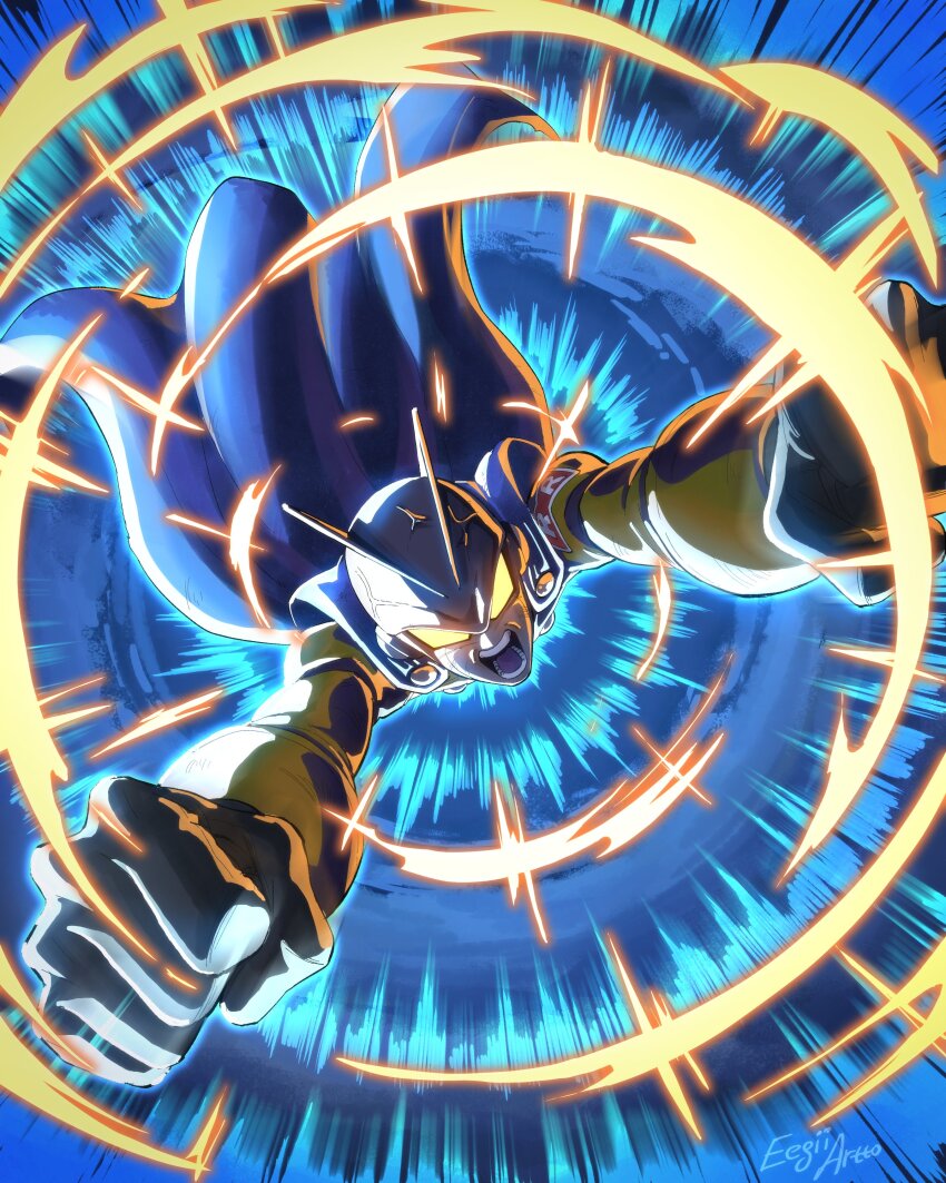 1boy absurdres anger_vein blue_cape cape clenched_hands commentary dragon_ball dragon_ball_super dragon_ball_super_super_hero eegiiartto flying foreshortening gamma_2 glowing glowing_eyes highres male_focus motion_lines open_mouth signature solo speed_lines