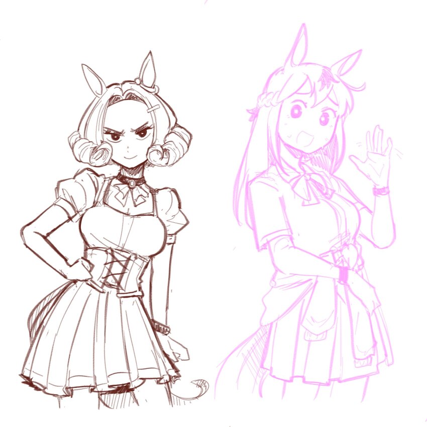 &gt;:) 2girls animal_ears bad_tag bow choker clothes_around_waist comely_material_morning_(horse_race_tests) corset door_knob_(horse_race_tests) highres horse_ears horse_race_tests horse_tail jacket jacket_around_waist looking_at_viewer mir_(miryumiya) multiple_girls puffy_short_sleeves puffy_sleeves short_sleeves sketch skirt smile sweat tail v-shaped_eyebrows waving