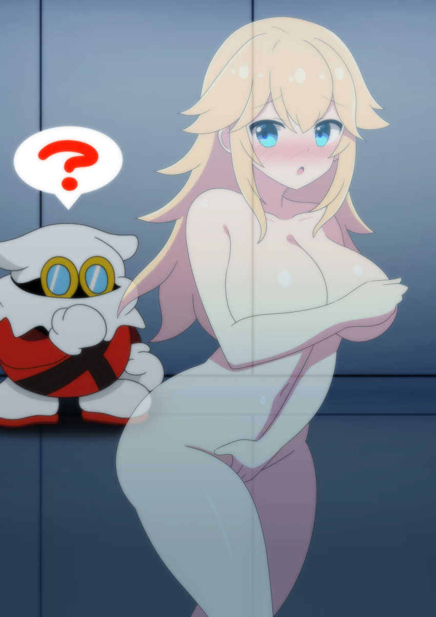 1girl ? absurdres ahoge armpits artist_request bare_arms blonde_hair blue_eyes blush breasts collarbone completely_nude covering_breasts covering_crotch covering_privates embarrassed exhibitionism eyelashes female_focus groin height_difference highres invisible legs long_hair looking_to_the_side mario_(series) medium_breasts navel neck nervous nintendo nipples nude open_mouth paper_mario paper_mario:_the_thousand_year_door parted_bangs princess_peach public_indecency public_nudity spoken_question_mark standing thighs walking x-naut