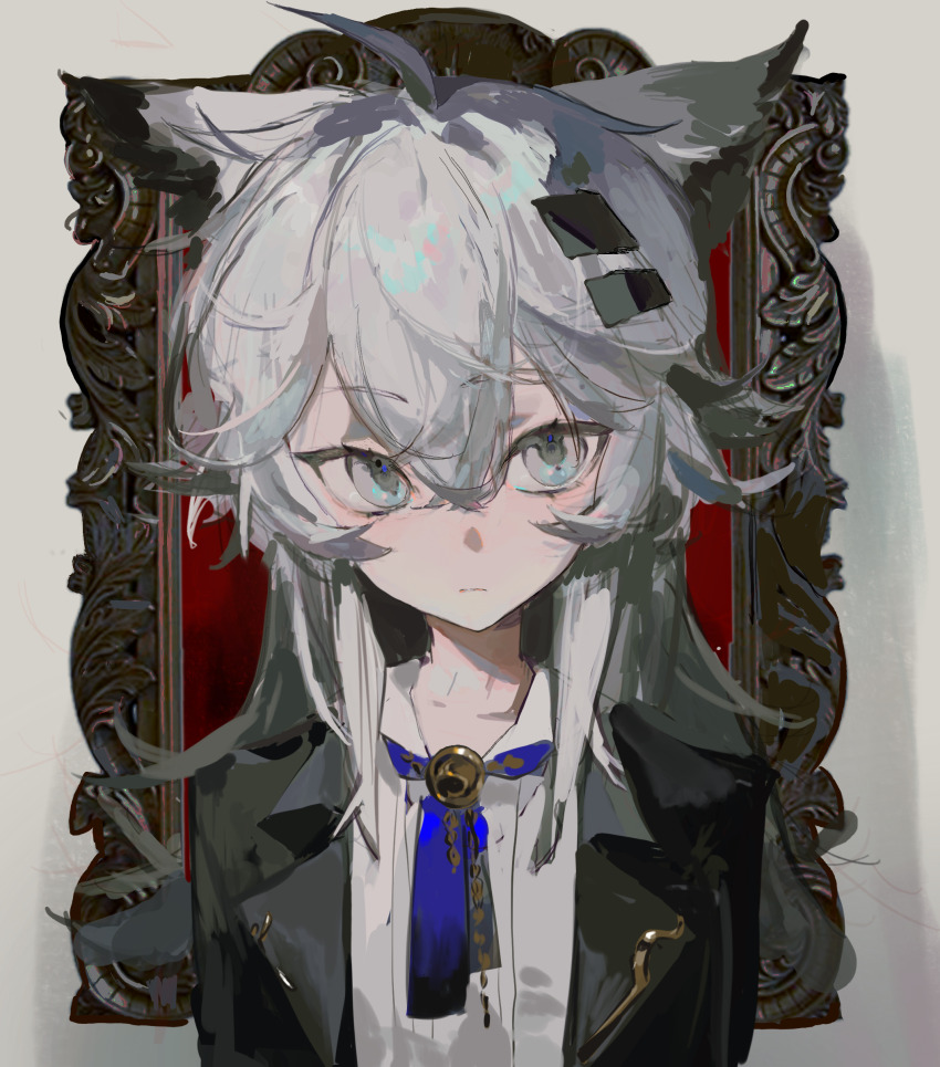 1girl ahoge animal_ears arknights black_jacket closed_mouth double-parted_bangs expressionless grey_eyes hair_ornament hairclip highres jacket kuma_(yoooooooo152) lapels lappland_(arknights) long_hair male_focus notched_lapels open_clothes open_jacket procreate_(medium) shirt solo upper_body white_hair white_shirt wolf_ears
