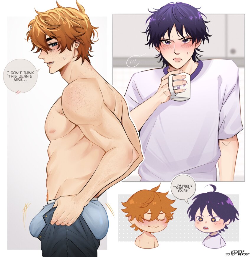 +_+ 2boys blue_eyes bouncing_ass bouncing_bulge bulge bulge_lift cup dressing genshin_impact grey_male_underwear highres holding holding_cup i&#039;ve_never_seen_a_guy_recreate_this_successfully_tbh_(meme) large_bulge large_pectorals looking_at_bulge looking_at_viewer male_focus male_underwear meme motion_lines multiple_boys muscular muscular_male navel_hair nipples open_pants orange_hair pants pants_lift pectorals purple_eyes purple_hair purple_shirt scaramouche_(genshin_impact) shirt short_hair speech_bubble t-shirt tartaglia_(genshin_impact) topless_male undersized_clothes underwear wiistef yaoi
