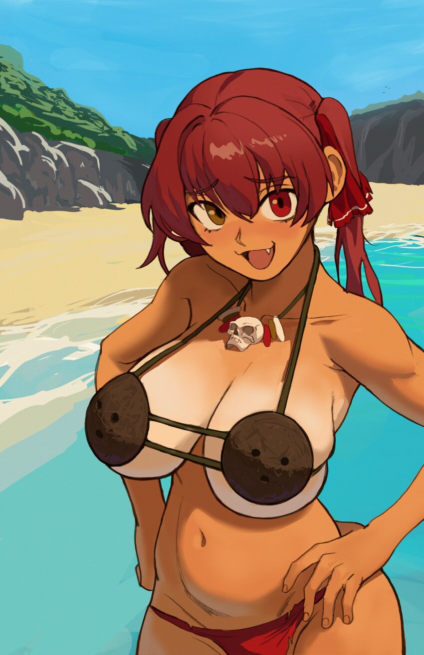 1girl absurdres alternate_costume beach bikini blue_sky breasts coconut_bra commentary cowboy_shot day english_commentary fang hair_ribbon hands_on_own_hips heterochromia highres hololive houshou_marine jewelry large_breasts looking_at_viewer milkmountain navel necklace open_mouth outdoors red_bikini red_eyes red_hair red_ribbon ribbon skull_necklace sky smile solo swimsuit tan twintails virtual_youtuber yellow_eyes