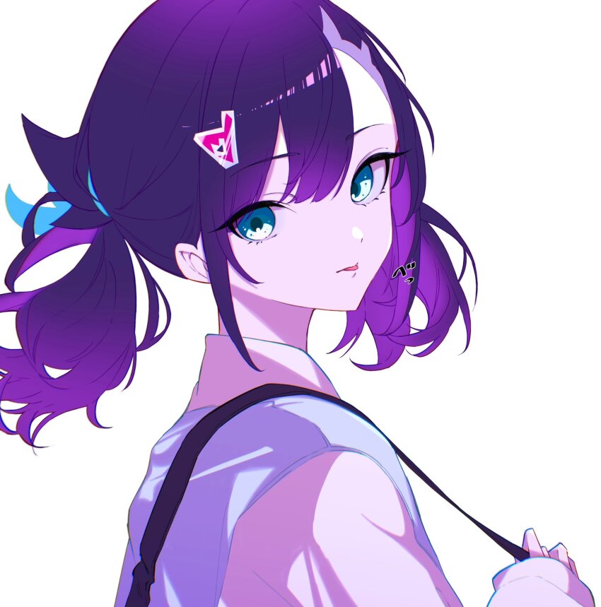 1girl asymmetrical_bangs bag black_hair closed_mouth green_eyes hair_ornament hair_ribbon highres jacket long_sleeves looking_at_viewer marie_(pixiv59672544) marnie_(pokemon) nintendo pokemon pokemon_swsh ribbon shoulder_bag simple_background smile solo tongue tongue_out twintails upper_body white_background