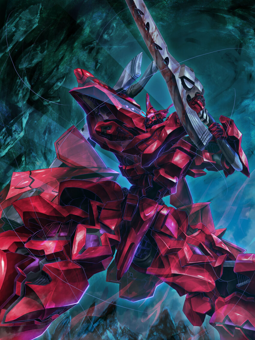 assault_visor cave chinese_commentary commission highres holding holding_sword holding_weapon mecha muv-luv muv-luv_alternative robot science_fiction skeb_commission solo sword tactical_surface_fighter type_00_takemikazuchi uungunover weapon