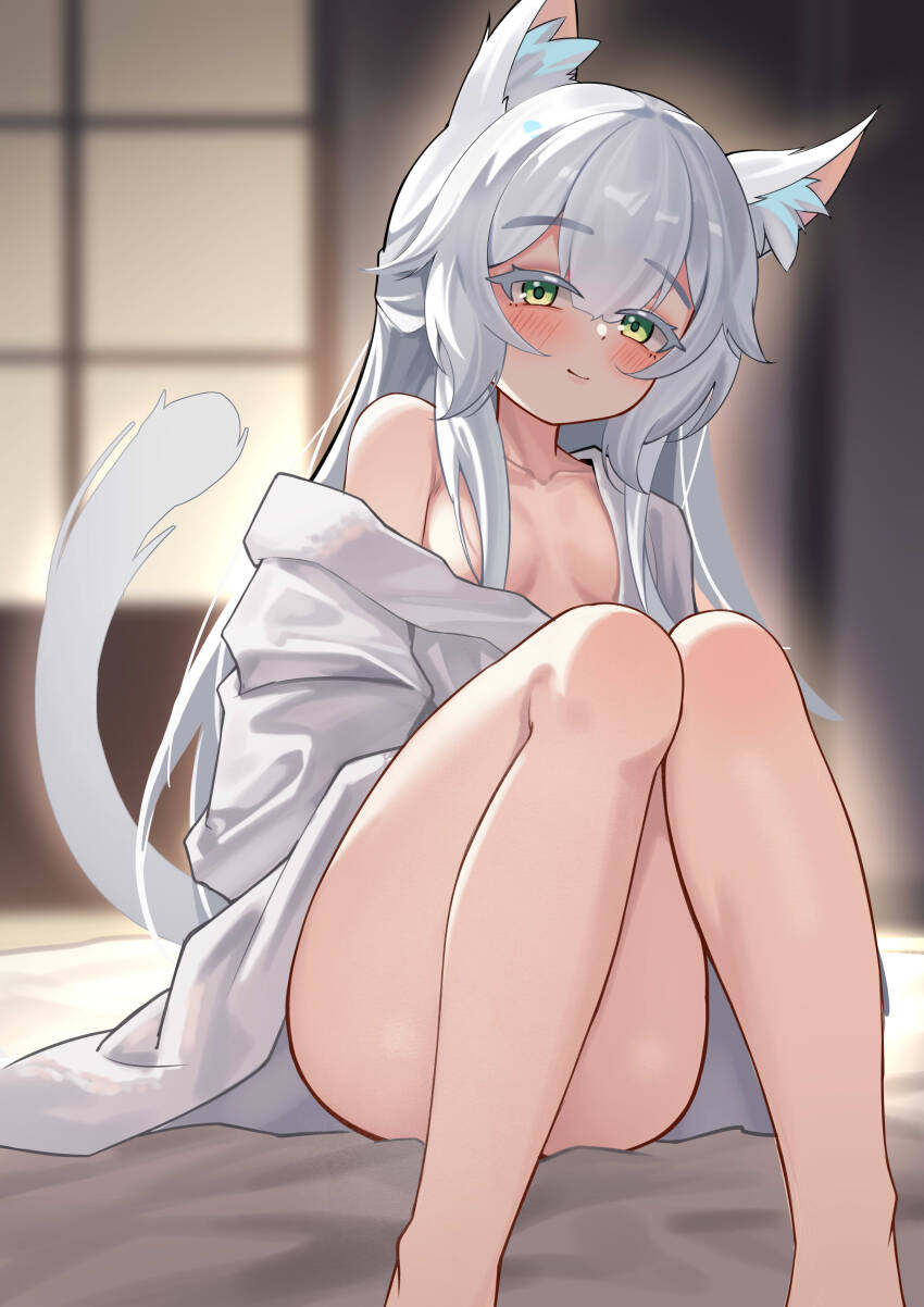 absurdres animal_ear_fluff animal_ears arknights blurry blurry_background blush breasts cat_ears cat_girl cat_tail closed_mouth collarbone colored_eyelashes commentary_request convenient_leg depth_of_field green_eyes grey_hair hair_between_eyes hair_censor hair_over_breasts hair_over_one_breast highres indoors japanese_clothes kimono knees_together_feet_apart knees_up loli off_shoulder rh_huinai rosmontis_(arknights) small_breasts smile solo tail white_kimono