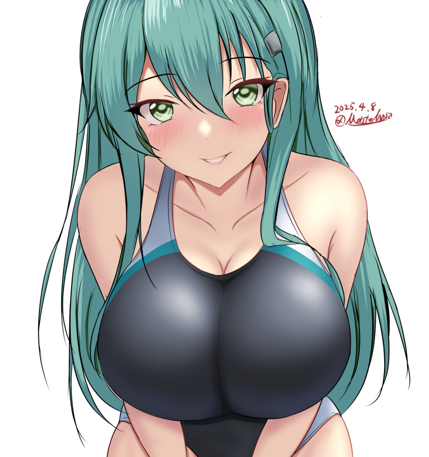 1girl aqua_eyes aqua_hair black_one-piece_swimsuit blush breasts dated hair_ornament hairclip highres kantai_collection large_breasts long_hair looking_at_viewer montemasa one-hour_drawing_challenge one-piece_swimsuit signature simple_background smile suzuya_(kancolle) swimsuit very_long_hair white_background