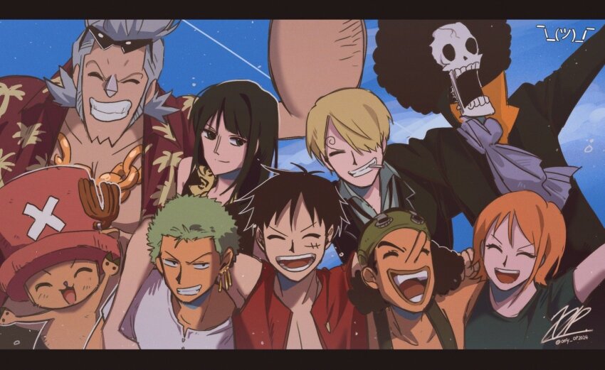 2girls 6+boys ^_^ afro antlers ascot black_hair black_jacket blonde_hair blue_ascot blue_hair blue_sky blunt_bangs brook_(one_piece) chain closed_eyes commentary_request cross formal_clothes franky_(one_piece) green_hair hat horns jacket korean_commentary letterboxed long_nose looking_at_viewer monkey_d._luffy multiple_boys multiple_girls nami_(one_piece) nami_(one_piece)_(loguetown) nico_robin nico_robin_(sabaody) one_piece only_op2024 orange_hair pink_hat red_shirt reindeer_antlers roronoa_zoro sanji_(one_piece) shirt sideburns sky straw_hat straw_hat_pirates suit t-shirt tony_tony_chopper usopp